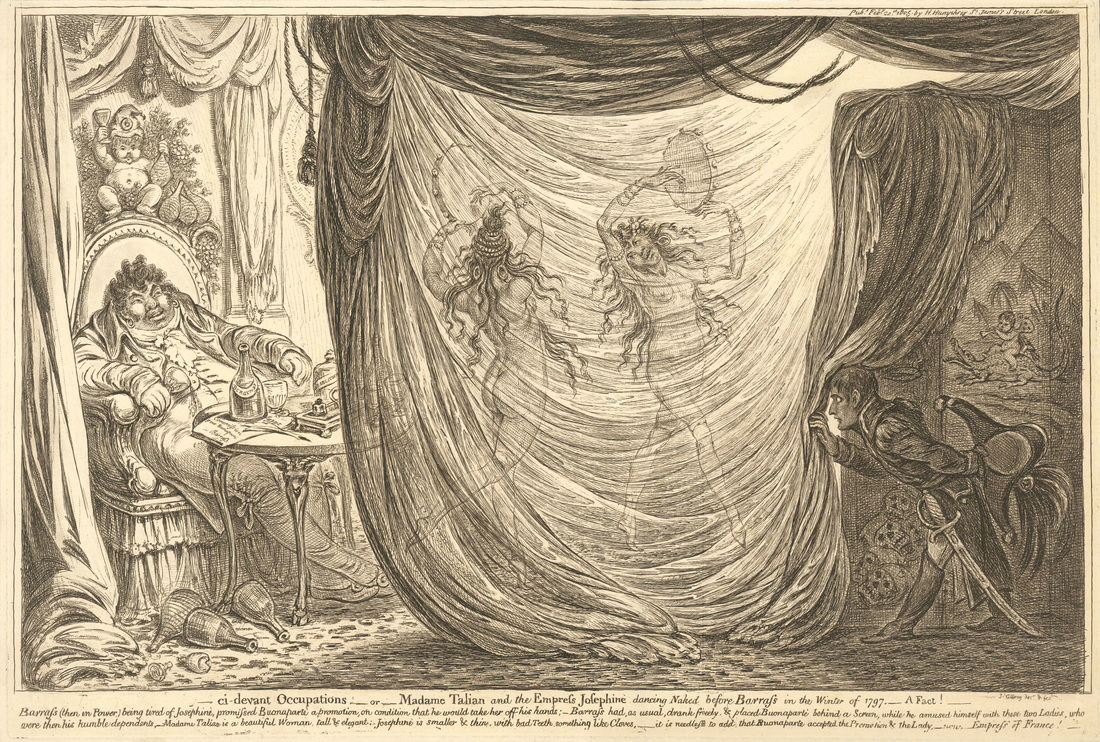 ci-devant Occupations – or – Madame Talien and the Empress Josephine dancing Naked before Barras in the Winter of 1797. – A Fact ! H.Humphrey, 20 February 1805. JAMES GILLRAY 1756-1815  Andrew Edmunds Prints