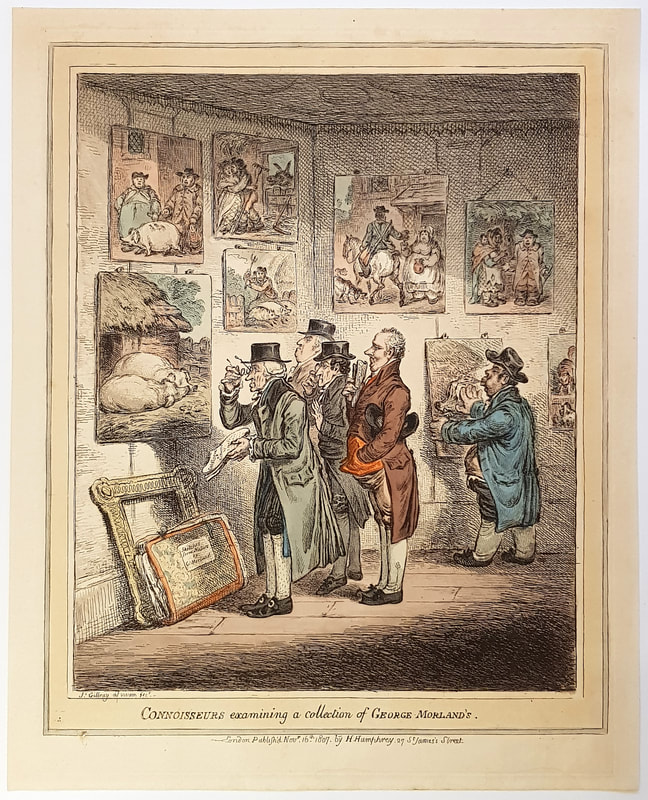 CONNOISSEURS EXAMINING A COLLECTION OF GEORGE MORLAND'S  1807  JAMES GILLRAY  ANDREW EDMUNDS PRINTS